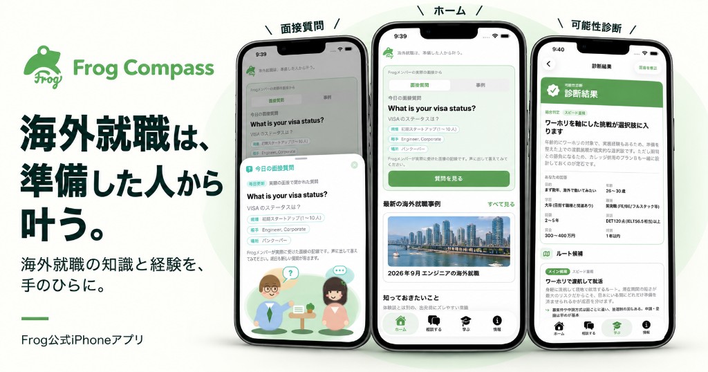 海外就職、何から準備する？どんな可能性がある？どんな面接質問がある？海外就職のあらゆる知識を溜め込んだ「Frog Compass」リリース